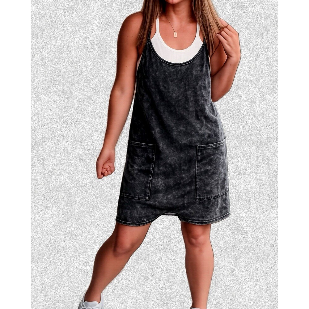 Club Social By Jadelyn Brooke Ready To Play Black Acid Wash Romper Size XL NWT